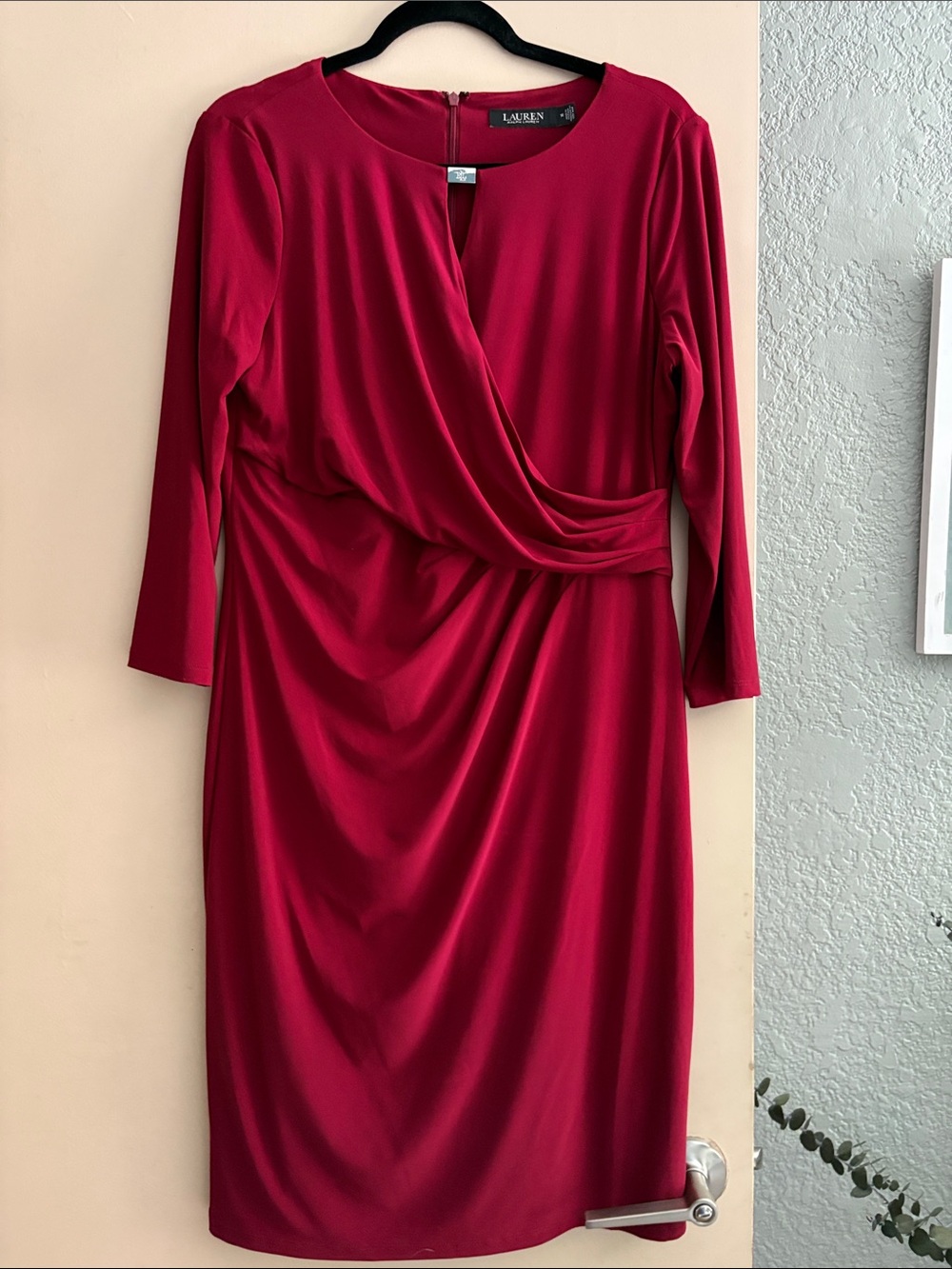 Ralph Lauren Crimson Faux-Wrap Long Sleeve Sheath Dress